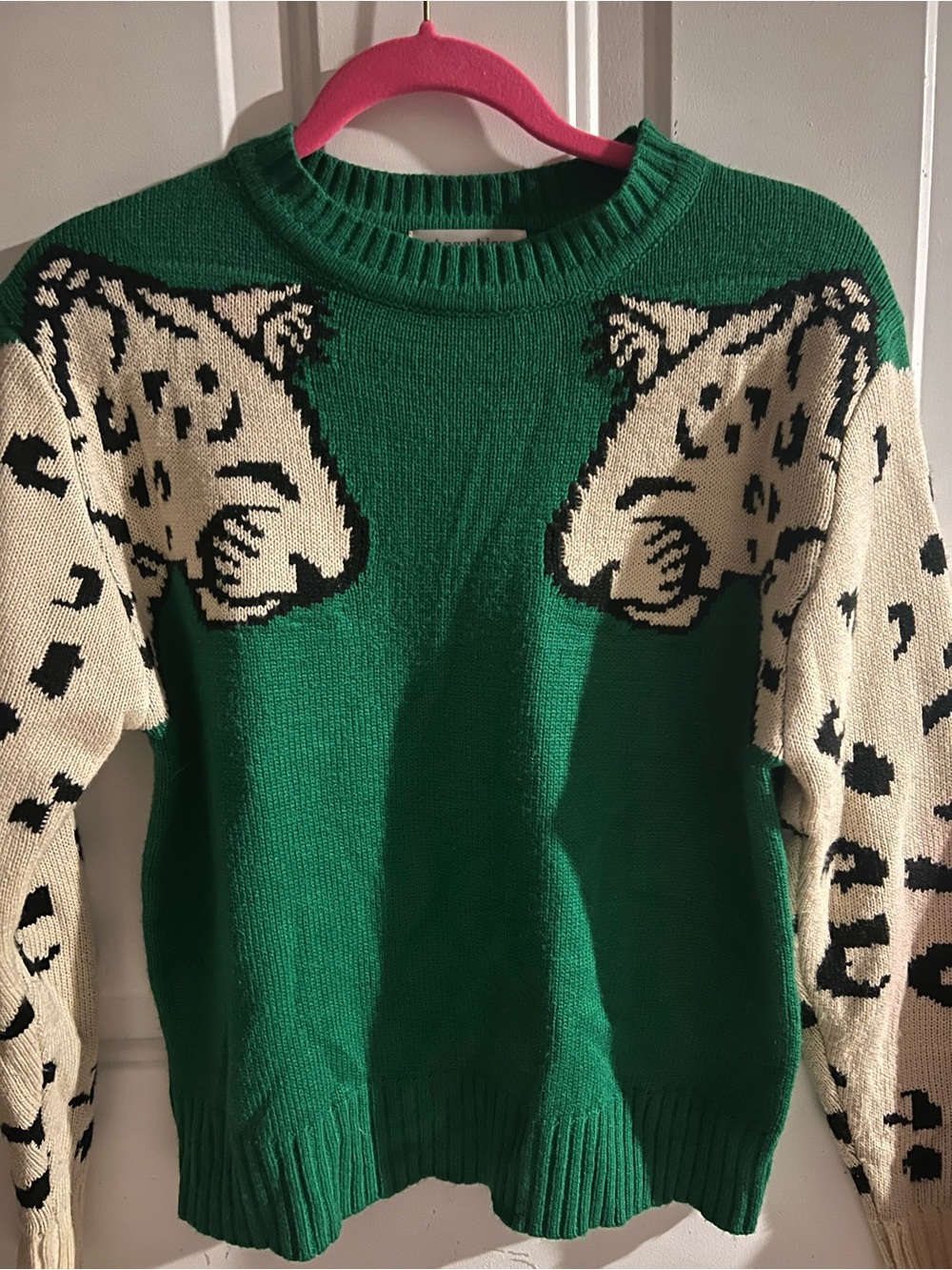 Green Crewneck Sweater with Cream Leopard-Print Sleeves